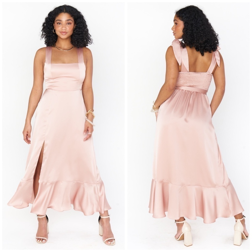 SHOW ME YOUR MUMU Claire Midi Dress In Rose Gold Luxe Satin